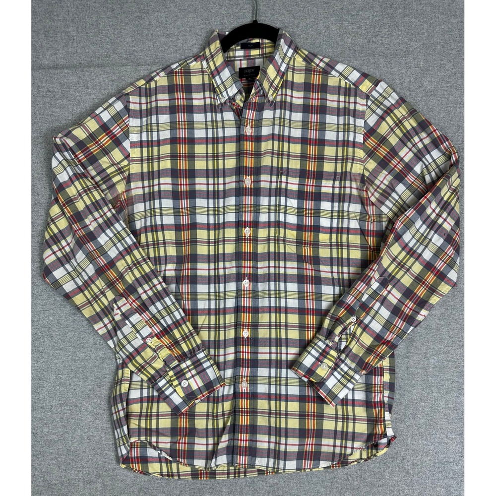 J Crew Summer Plaid Button Down Shirt Mens Medium Yellow Slim Fit